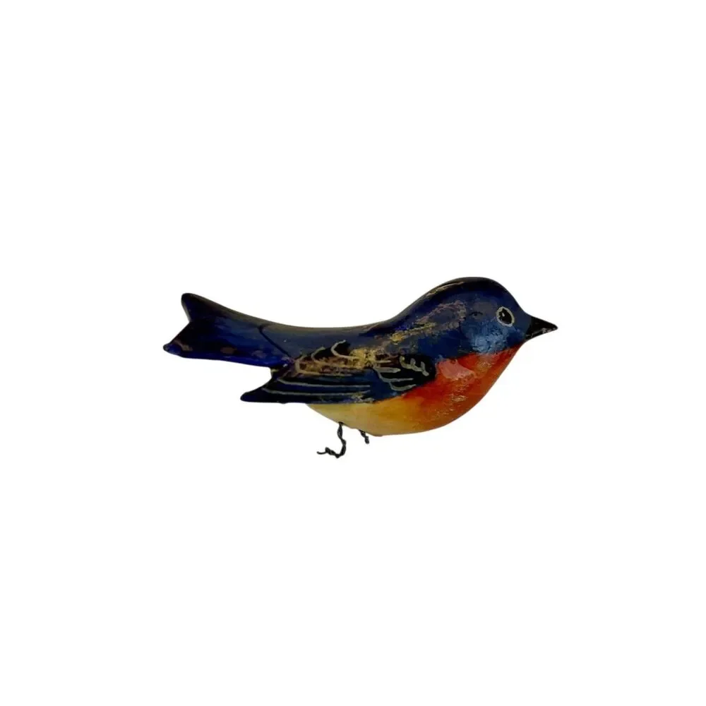 Wood Hand Painted Blue Bird Pin Brooch 1.75 ” Takahashi Style Vtg Unmarked